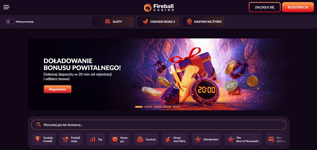 Fireball Kasyno - zrzut ekranu strony głównej