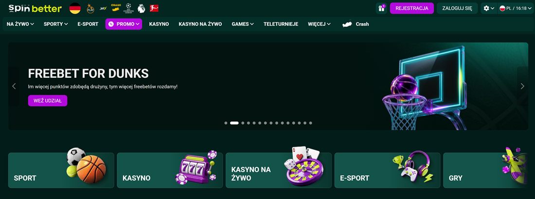 SpinBetter kasyno - zrzut ekranu strony głównej